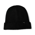 Black knit beanie with a brand logo on a white background