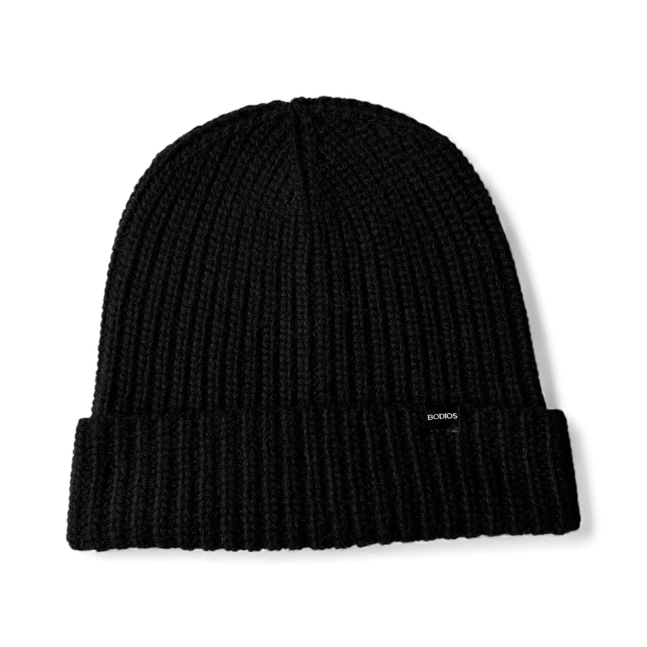 Black knit beanie with a brand logo on a white background